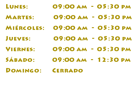 Lunes: 09:00 am - 05:30 pm Martes: 09:00 am - 05:30 pm Miércoles: 09:00 am - 05:30 pm Jueves: 09:00 am - 05:30 pm Viernes: 09:00 am - 05:30 pm Sábado: 09:00 am - 12:30 pm Domingo: Cerrado